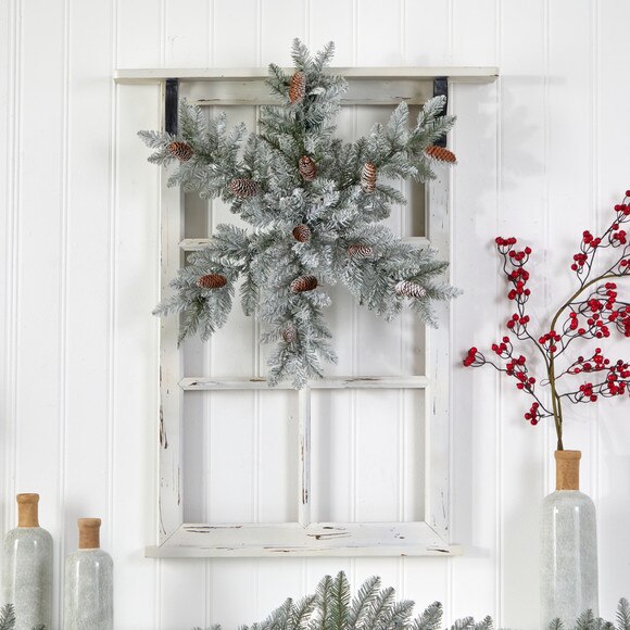 30 Pre-Lit Flocked Snowflake Artificial Dunhill Fir Wreath with Pinecones and 40 LED Lights - SKU #W1291 - 4