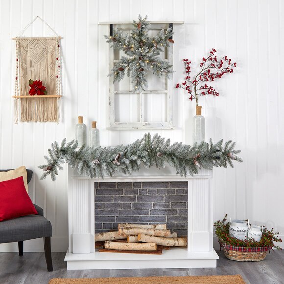 30 Pre-Lit Flocked Snowflake Artificial Dunhill Fir Wreath with Pinecones and 40 LED Lights - SKU #W1291 - 5