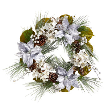 24 Silver Poinsettia Hydrangea and Pinecones Artificial Christmas Wreath - SKU #W1318