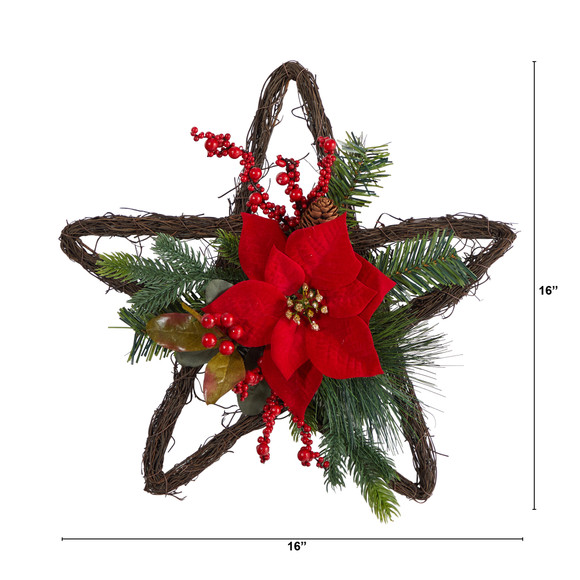 16 Holiday Christmas Poinsettia Star Twig Wreath - SKU #W1319 - 1