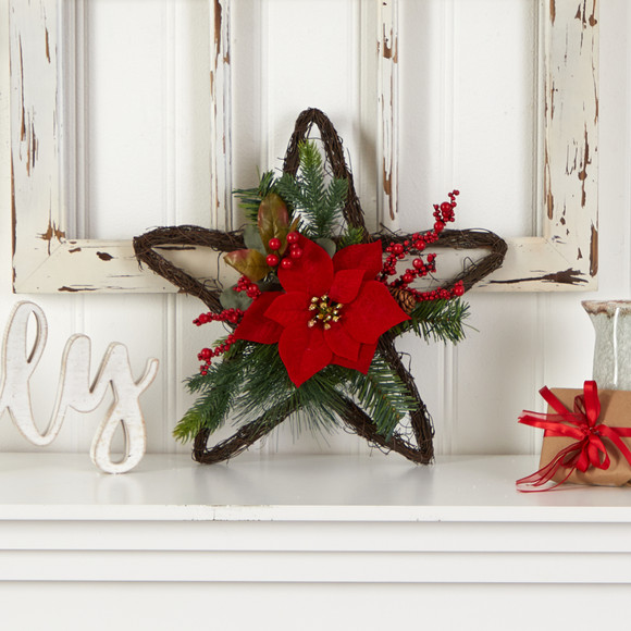 16 Holiday Christmas Poinsettia Star Twig Wreath - SKU #W1319 - 2
