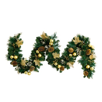 9-ft Pre-Lit Artificial Golden Frosted Christmas Garland with 50 Warm White LED Lights Pinecones Berries and Ornaments - SKU #W1385