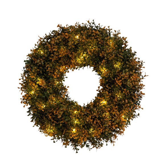 18-in Pre-Lit Autumn Boxwood Artificial Fall Wreath with 25 Warm White LED Lights - SKU #W1389