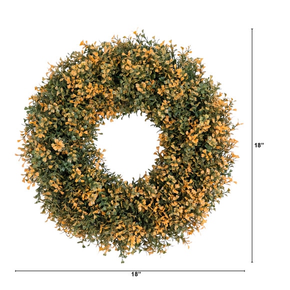 18-in Pre-Lit Autumn Boxwood Artificial Fall Wreath with 25 Warm White LED Lights - SKU #W1389 - 1