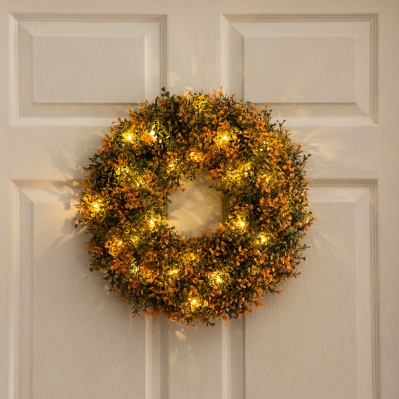 18-in Pre-Lit Autumn Boxwood Artificial Fall Wreath with 25 Warm White LED Lights - SKU #W1389 - 8