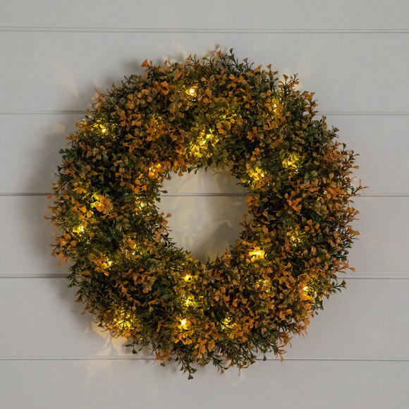 18-in Pre-Lit Autumn Boxwood Artificial Fall Wreath with 25 Warm White LED Lights - SKU #W1389 - 9