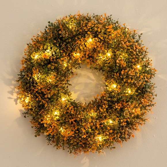 18-in Pre-Lit Autumn Boxwood Artificial Fall Wreath with 25 Warm White LED Lights - SKU #W1389 - 11