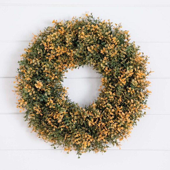 18-in Pre-Lit Autumn Boxwood Artificial Fall Wreath with 25 Warm White LED Lights - SKU #W1389 - 12