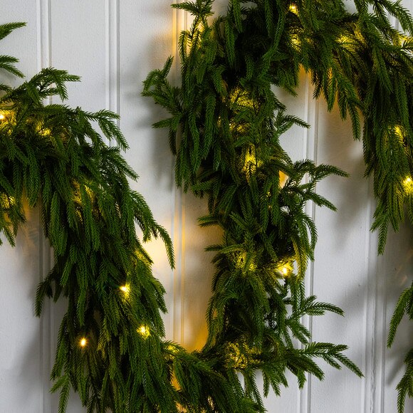 9-ft Pre-Lit Artificial Real Touch Norfolk Island Pine Garland with 50 Warm White LED Lights and Natural Look - SKU #W1394 - 3