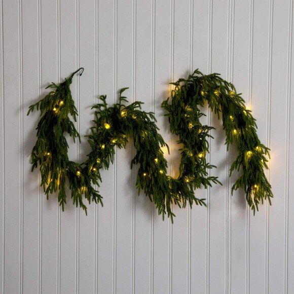 9-ft Pre-Lit Artificial Real Touch Norfolk Island Pine Garland with 50 Warm White LED Lights and Natural Look - SKU #W1394 - 8