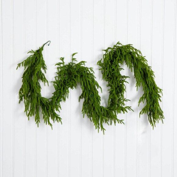 9-ft Pre-Lit Artificial Real Touch Norfolk Island Pine Garland with 50 Warm White LED Lights and Natural Look - SKU #W1394 - 9
