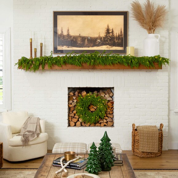 9-ft Pre-Lit Artificial Real Touch Norfolk Island Pine Garland with 50 Warm White LED Lights and Natural Look - SKU #W1394 - 14